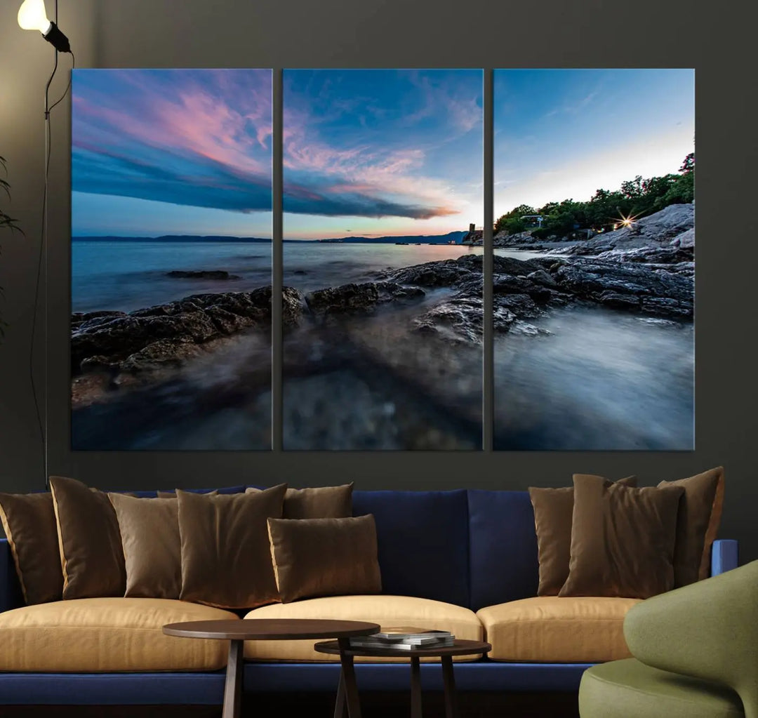 The Serenity Ocean Misty Wall Art Canvas Print is a triptych capturing a scenic ocean view at sunset, meticulously hand-assembled and printed on museum-quality canvases. Enjoy free shipping on every order!