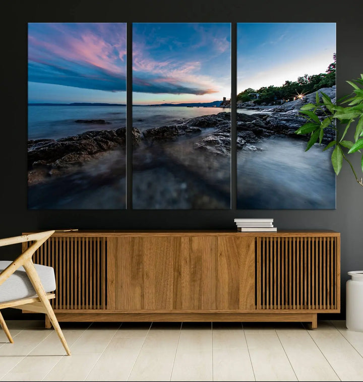 The Serenity Ocean Misty Wall Art Canvas Print is a triptych capturing a scenic ocean view at sunset, meticulously hand-assembled and printed on museum-quality canvases. Enjoy free shipping on every order!