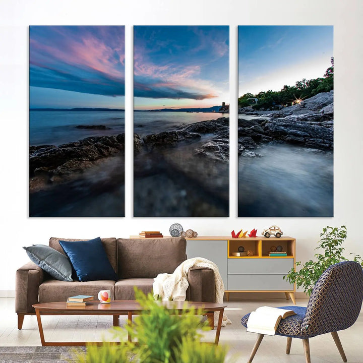 The Serenity Ocean Misty Wall Art Canvas Print is a triptych capturing a scenic ocean view at sunset, meticulously hand-assembled and printed on museum-quality canvases. Enjoy free shipping on every order!