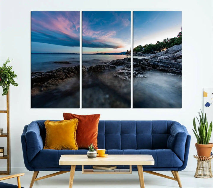 The Serenity Ocean Misty Wall Art Canvas Print is a triptych capturing a scenic ocean view at sunset, meticulously hand-assembled and printed on museum-quality canvases. Enjoy free shipping on every order!