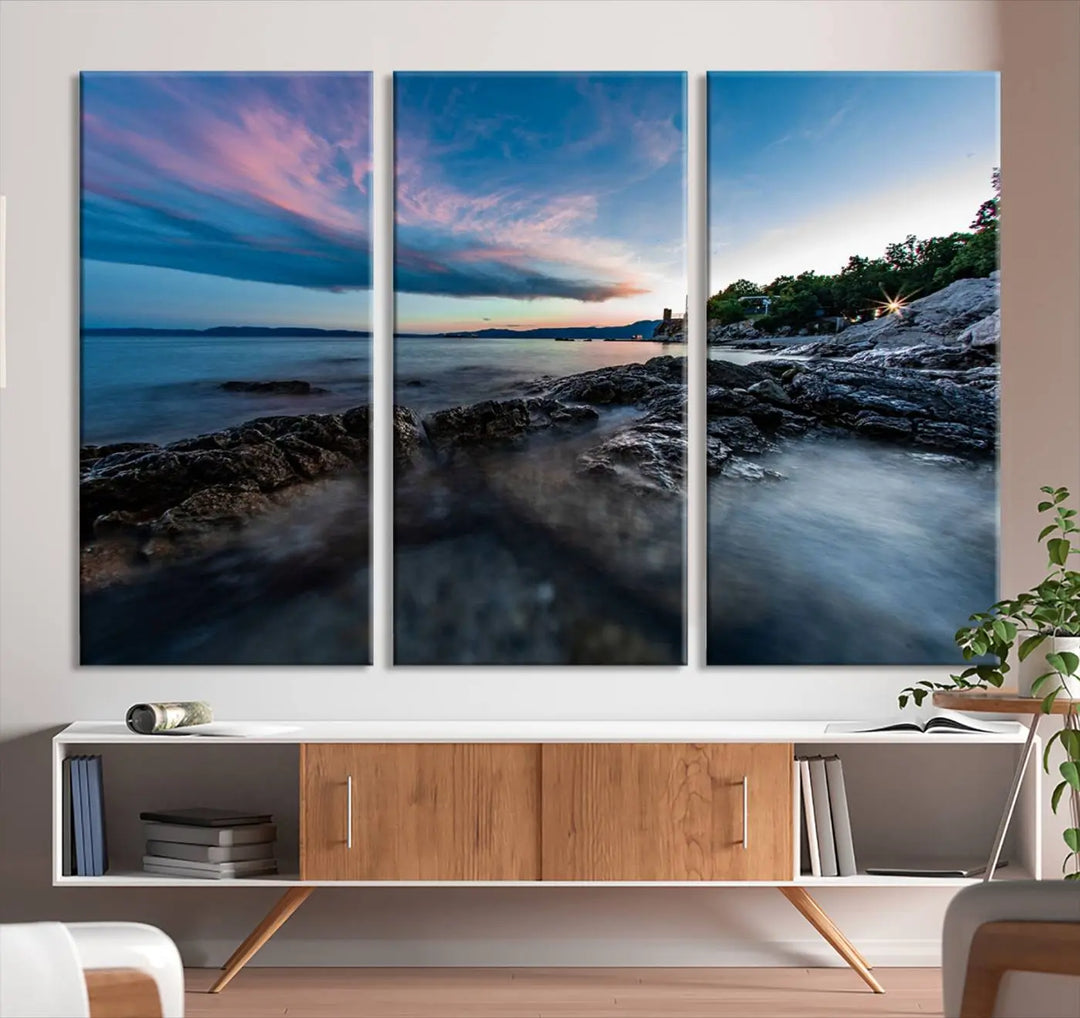 The Serenity Ocean Misty Wall Art Canvas Print is a triptych capturing a scenic ocean view at sunset, meticulously hand-assembled and printed on museum-quality canvases. Enjoy free shipping on every order!