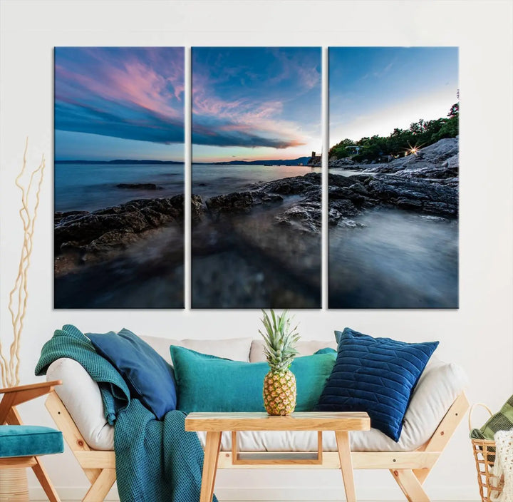 The Serenity Ocean Misty Wall Art Canvas Print is a triptych capturing a scenic ocean view at sunset, meticulously hand-assembled and printed on museum-quality canvases. Enjoy free shipping on every order!