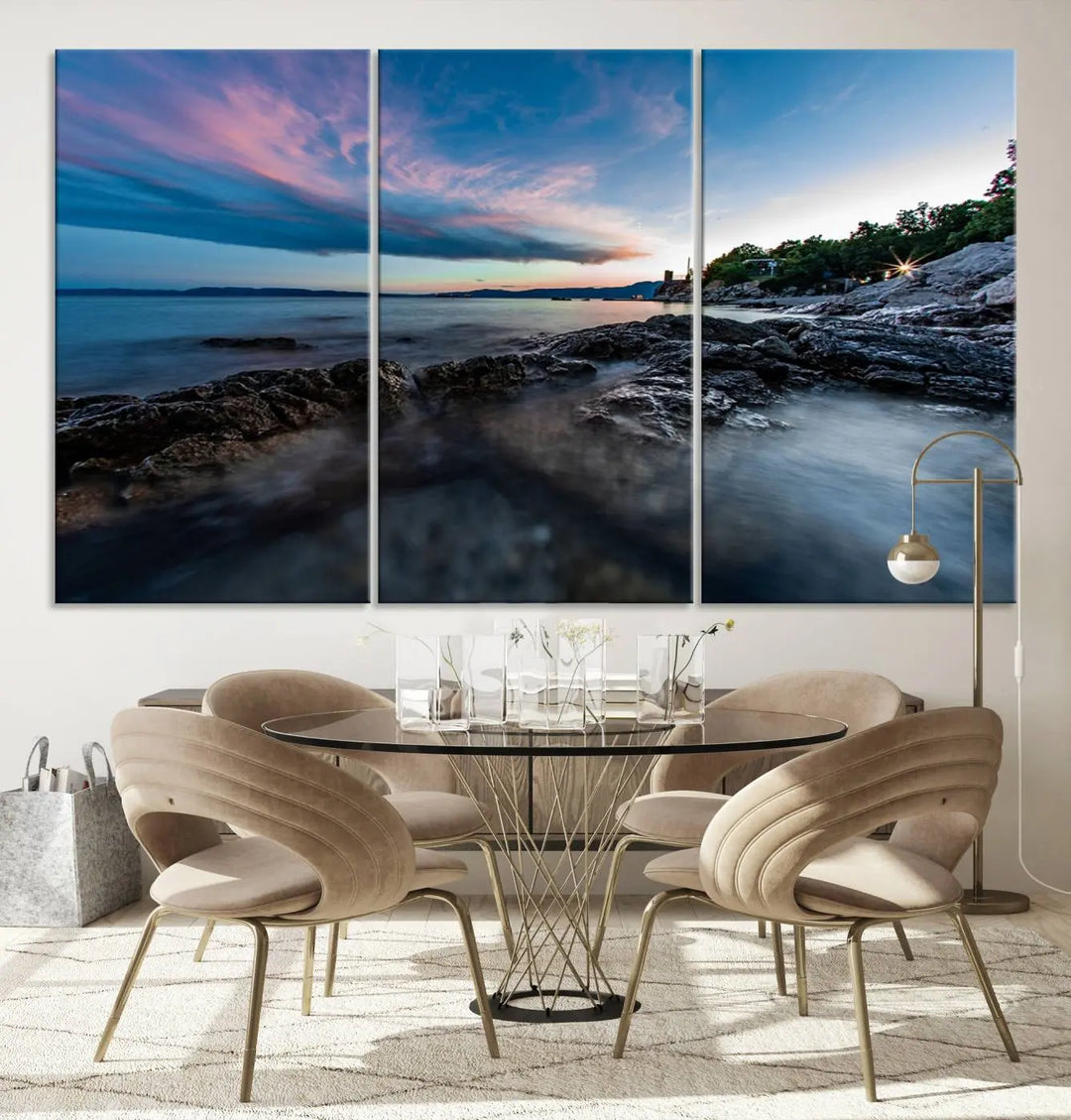 The Serenity Ocean Misty Wall Art Canvas Print is a triptych capturing a scenic ocean view at sunset, meticulously hand-assembled and printed on museum-quality canvases. Enjoy free shipping on every order!