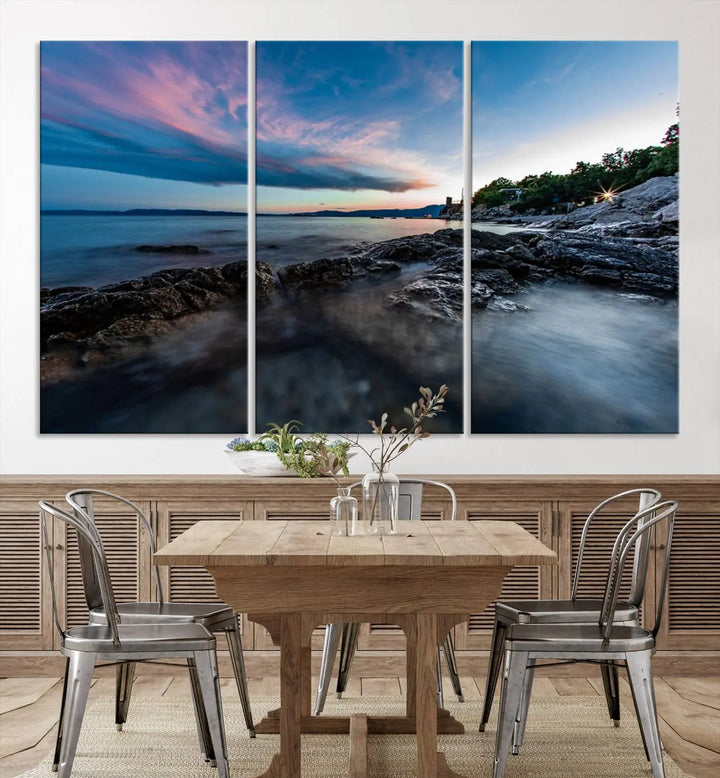 The Serenity Ocean Misty Wall Art Canvas Print is a triptych capturing a scenic ocean view at sunset, meticulously hand-assembled and printed on museum-quality canvases. Enjoy free shipping on every order!