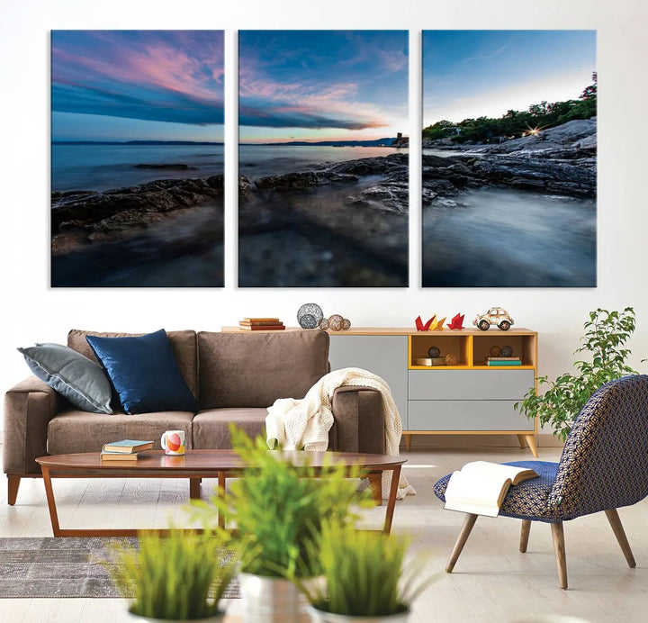 The Serenity Ocean Misty Wall Art Canvas Print is a triptych capturing a scenic ocean view at sunset, meticulously hand-assembled and printed on museum-quality canvases. Enjoy free shipping on every order!