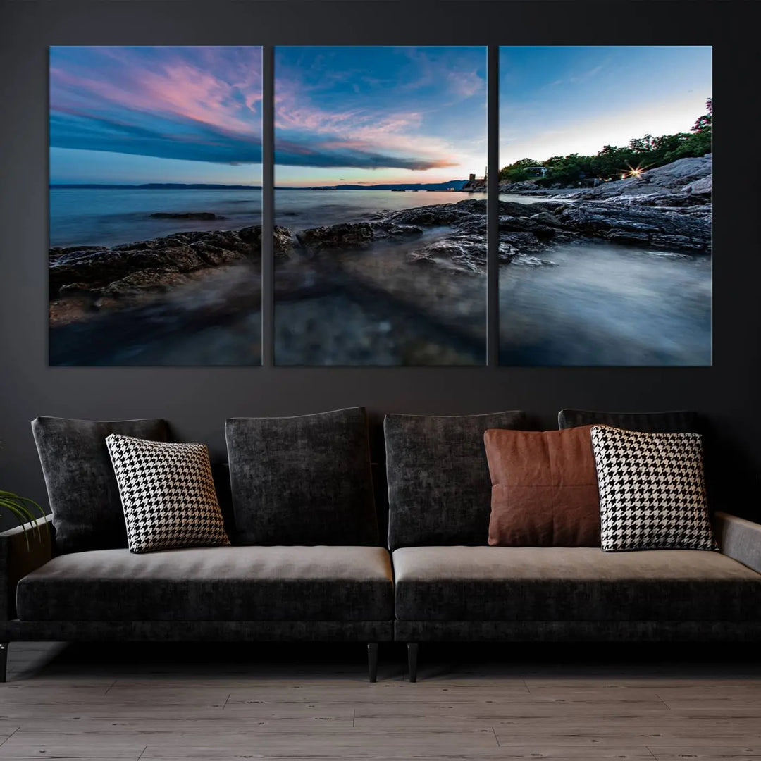 The Serenity Ocean Misty Wall Art Canvas Print is a triptych capturing a scenic ocean view at sunset, meticulously hand-assembled and printed on museum-quality canvases. Enjoy free shipping on every order!