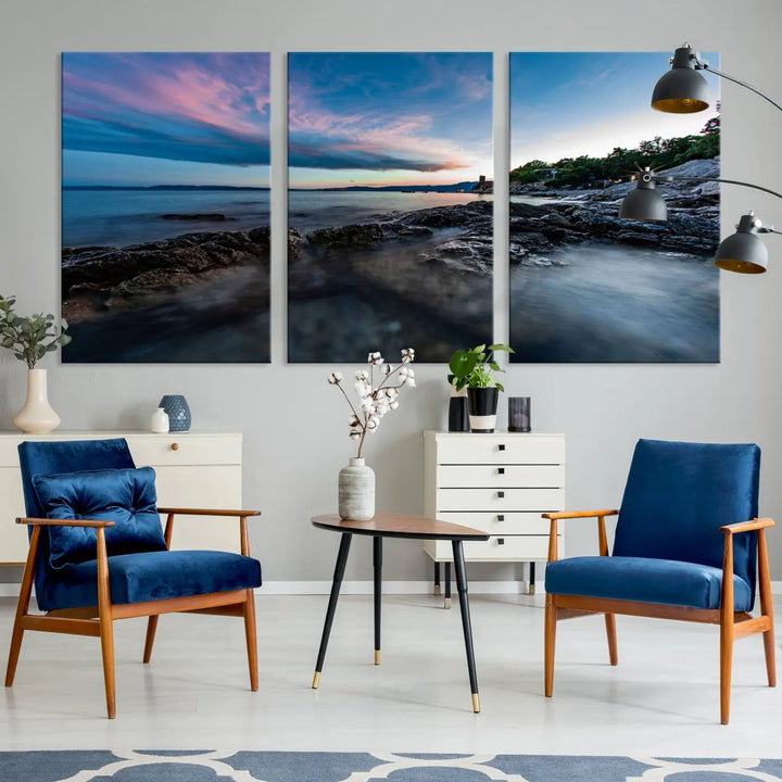 The Serenity Ocean Misty Wall Art Canvas Print is a triptych capturing a scenic ocean view at sunset, meticulously hand-assembled and printed on museum-quality canvases. Enjoy free shipping on every order!