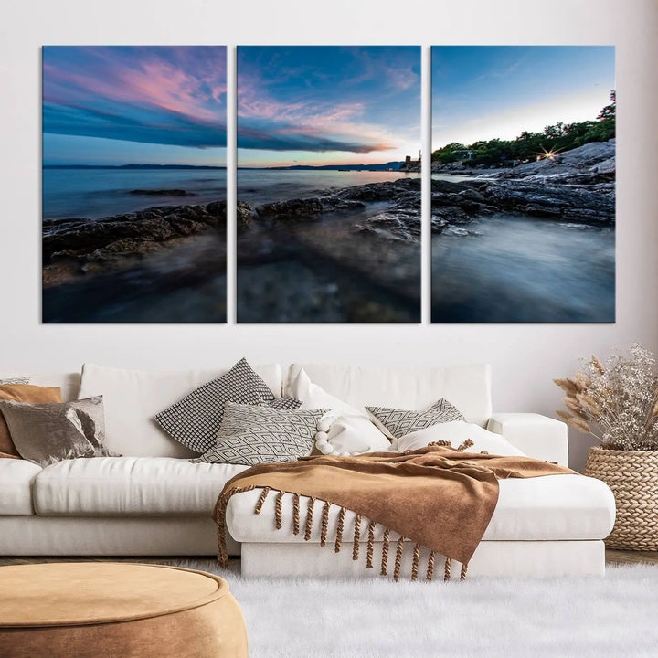 The Serenity Ocean Misty Wall Art Canvas Print is a triptych capturing a scenic ocean view at sunset, meticulously hand-assembled and printed on museum-quality canvases. Enjoy free shipping on every order!