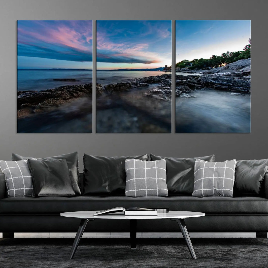 The Serenity Ocean Misty Wall Art Canvas Print is a triptych capturing a scenic ocean view at sunset, meticulously hand-assembled and printed on museum-quality canvases. Enjoy free shipping on every order!