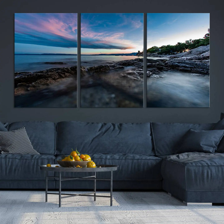 The Serenity Ocean Misty Wall Art Canvas Print is a triptych capturing a scenic ocean view at sunset, meticulously hand-assembled and printed on museum-quality canvases. Enjoy free shipping on every order!