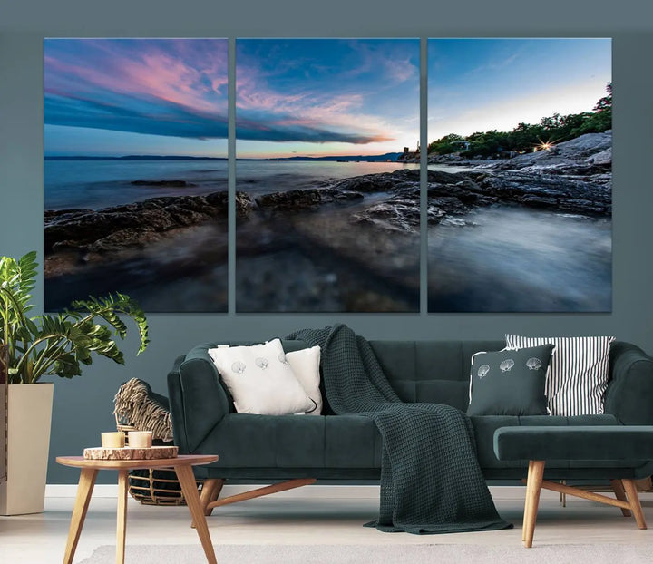 The Serenity Ocean Misty Wall Art Canvas Print is a triptych capturing a scenic ocean view at sunset, meticulously hand-assembled and printed on museum-quality canvases. Enjoy free shipping on every order!