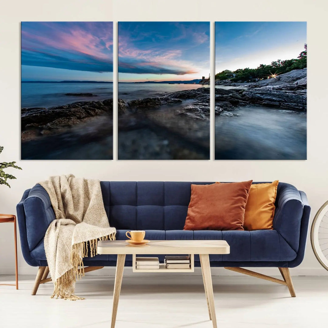 The Serenity Ocean Misty Wall Art Canvas Print is a triptych capturing a scenic ocean view at sunset, meticulously hand-assembled and printed on museum-quality canvases. Enjoy free shipping on every order!