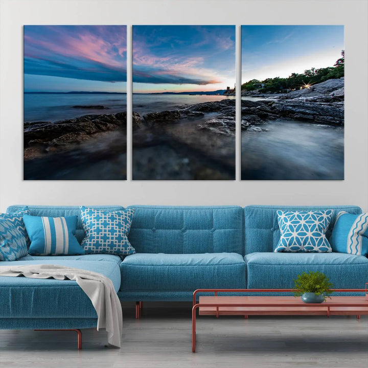 The Serenity Ocean Misty Wall Art Canvas Print is a triptych capturing a scenic ocean view at sunset, meticulously hand-assembled and printed on museum-quality canvases. Enjoy free shipping on every order!