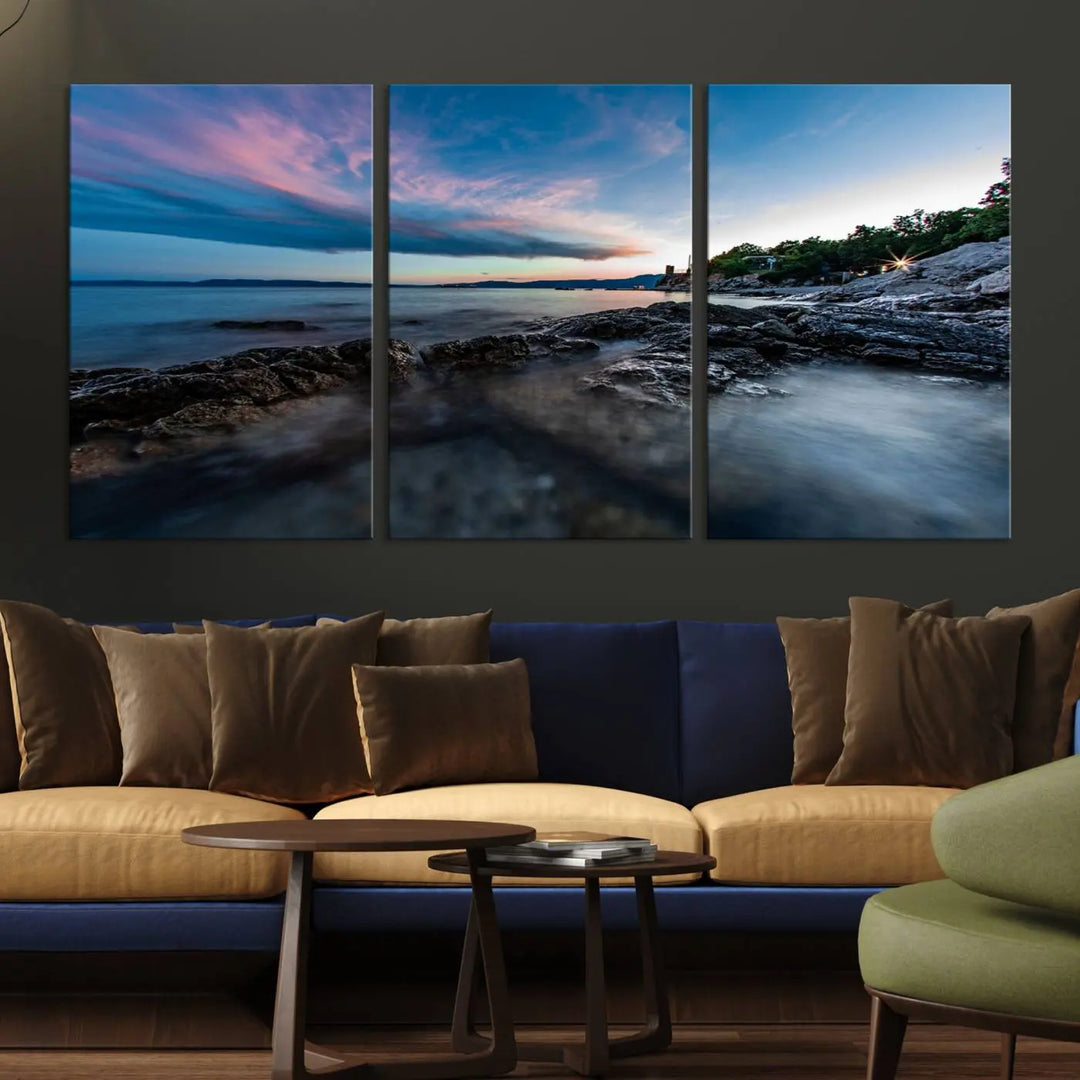 The Serenity Ocean Misty Wall Art Canvas Print is a triptych capturing a scenic ocean view at sunset, meticulously hand-assembled and printed on museum-quality canvases. Enjoy free shipping on every order!