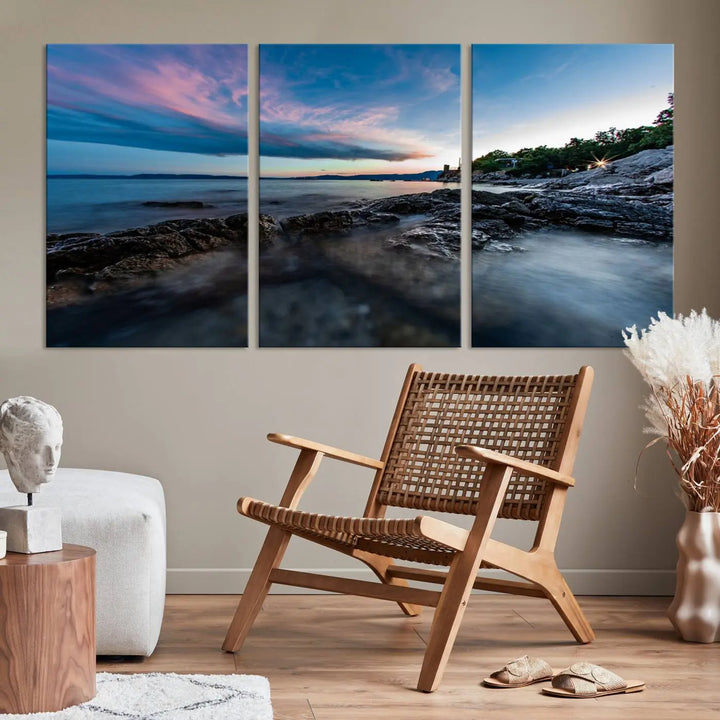 The Serenity Ocean Misty Wall Art Canvas Print is a triptych capturing a scenic ocean view at sunset, meticulously hand-assembled and printed on museum-quality canvases. Enjoy free shipping on every order!