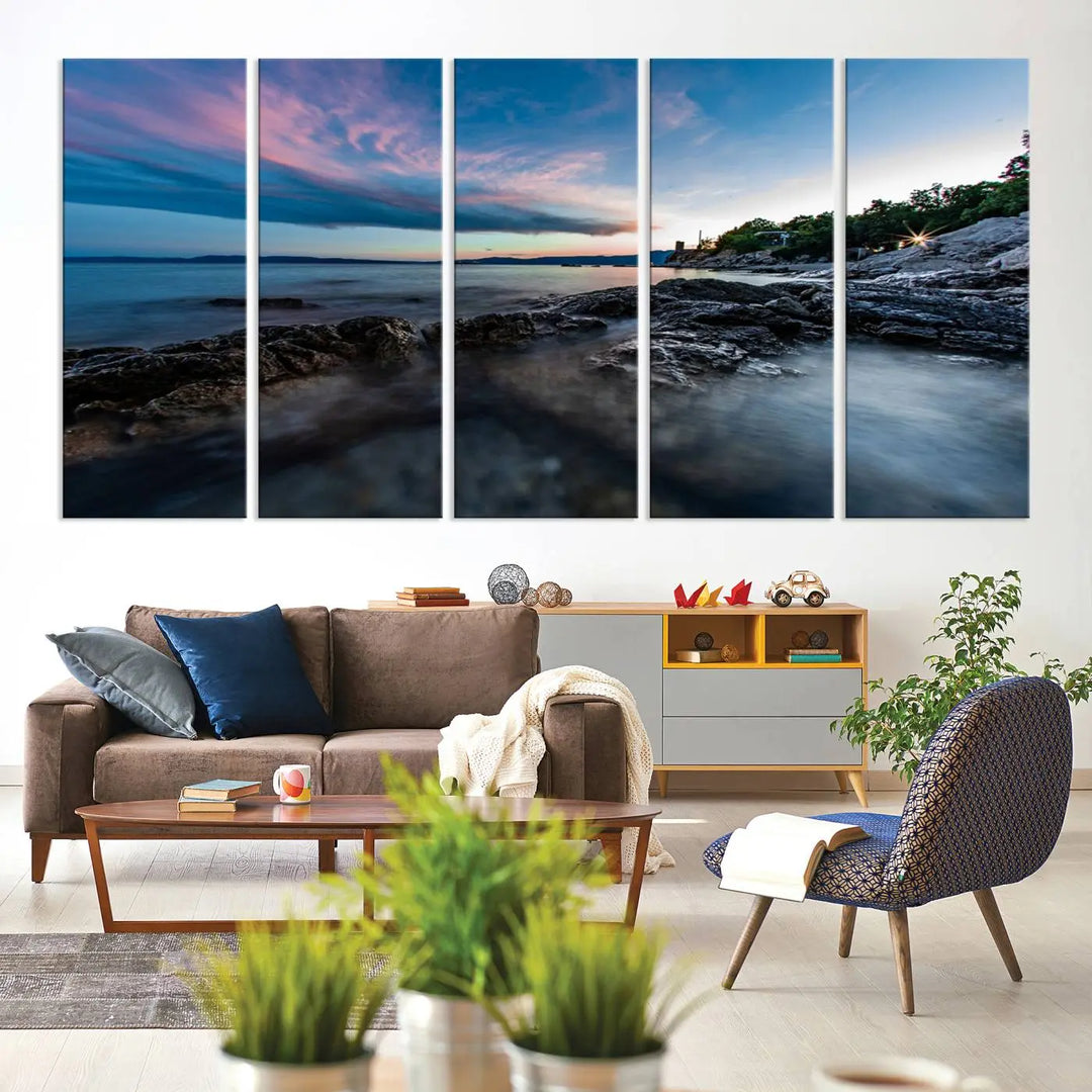 The Serenity Ocean Misty Wall Art Canvas Print is a triptych capturing a scenic ocean view at sunset, meticulously hand-assembled and printed on museum-quality canvases. Enjoy free shipping on every order!