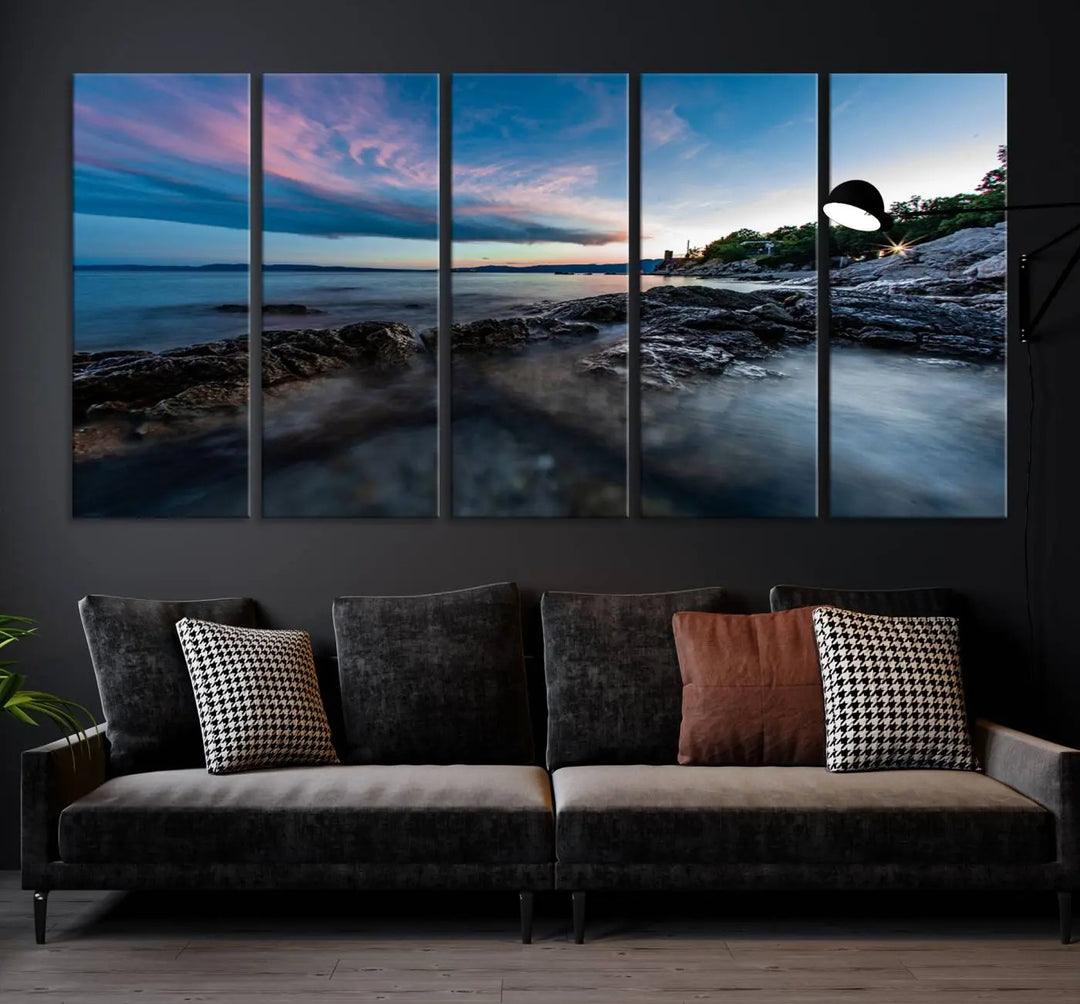 The Serenity Ocean Misty Wall Art Canvas Print is a triptych capturing a scenic ocean view at sunset, meticulously hand-assembled and printed on museum-quality canvases. Enjoy free shipping on every order!