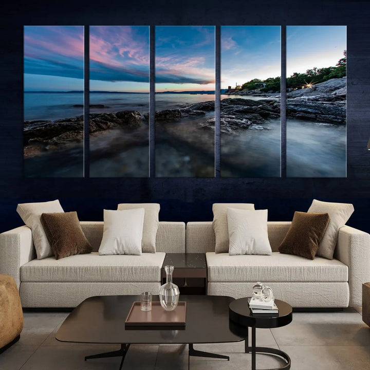 The Serenity Ocean Misty Wall Art Canvas Print is a triptych capturing a scenic ocean view at sunset, meticulously hand-assembled and printed on museum-quality canvases. Enjoy free shipping on every order!