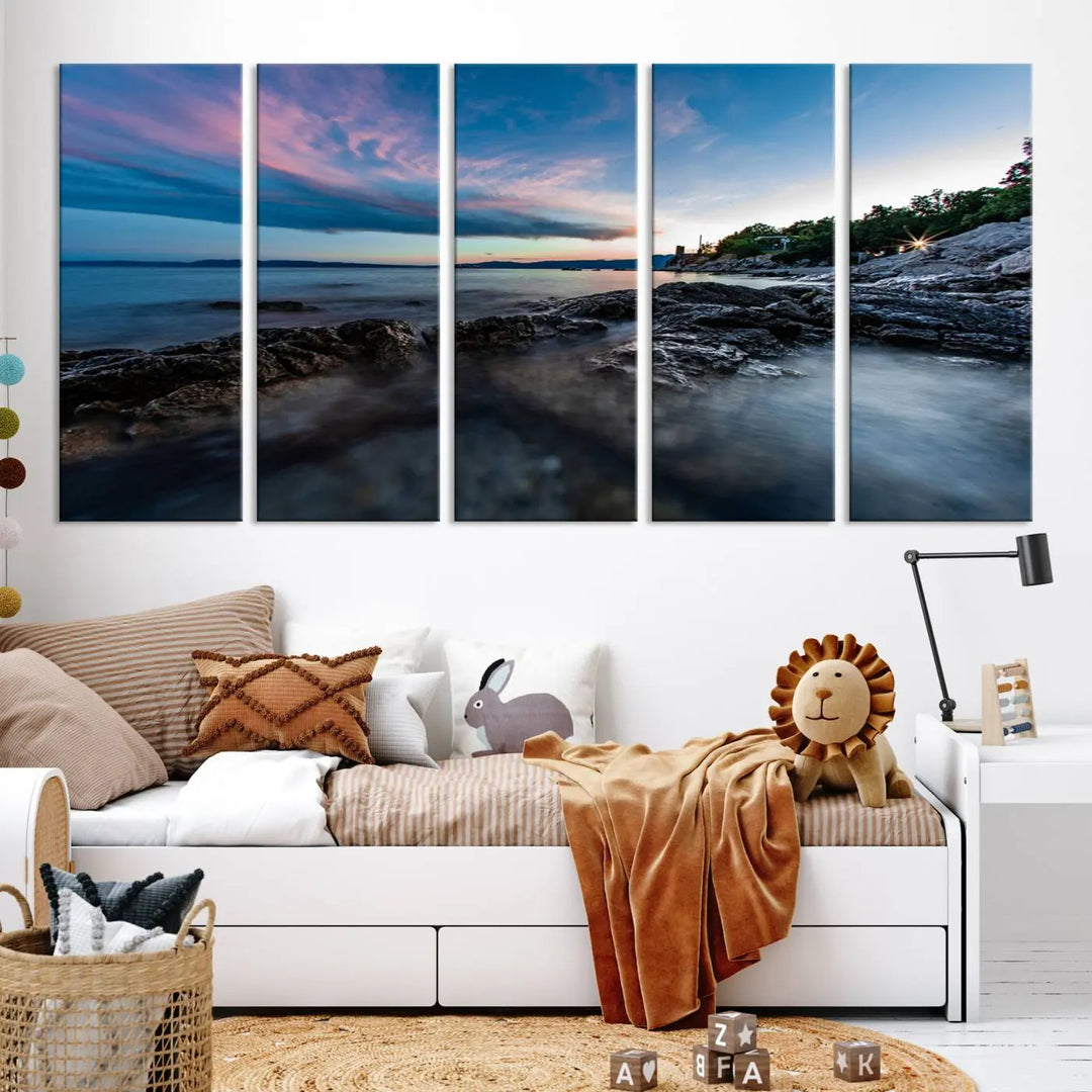 The Serenity Ocean Misty Wall Art Canvas Print is a triptych capturing a scenic ocean view at sunset, meticulously hand-assembled and printed on museum-quality canvases. Enjoy free shipping on every order!