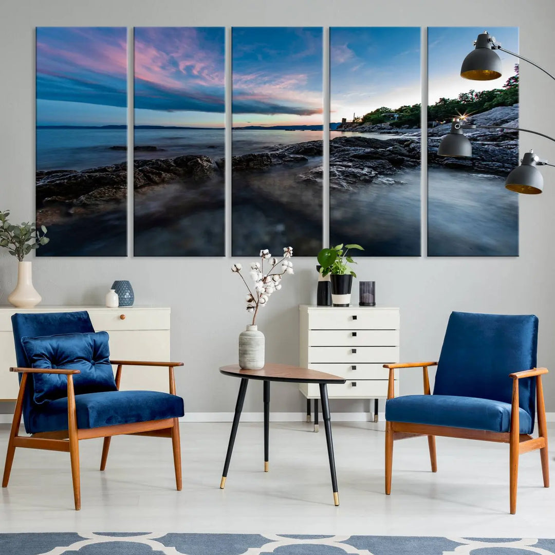 The Serenity Ocean Misty Wall Art Canvas Print is a triptych capturing a scenic ocean view at sunset, meticulously hand-assembled and printed on museum-quality canvases. Enjoy free shipping on every order!