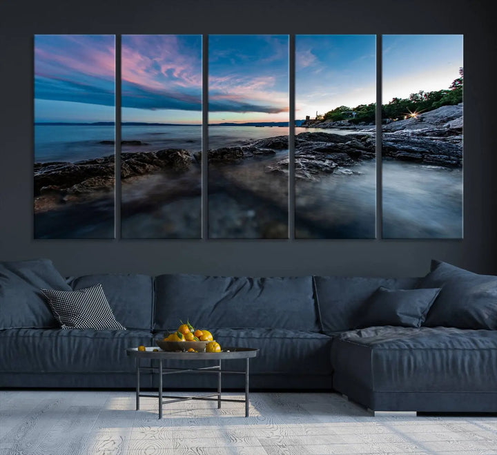 The Serenity Ocean Misty Wall Art Canvas Print is a triptych capturing a scenic ocean view at sunset, meticulously hand-assembled and printed on museum-quality canvases. Enjoy free shipping on every order!