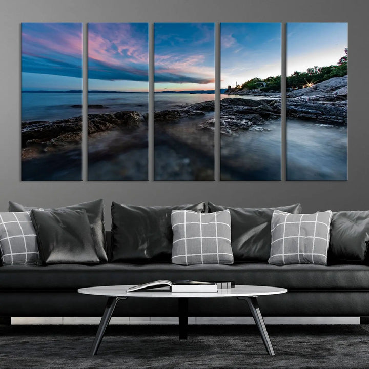 The Serenity Ocean Misty Wall Art Canvas Print is a triptych capturing a scenic ocean view at sunset, meticulously hand-assembled and printed on museum-quality canvases. Enjoy free shipping on every order!