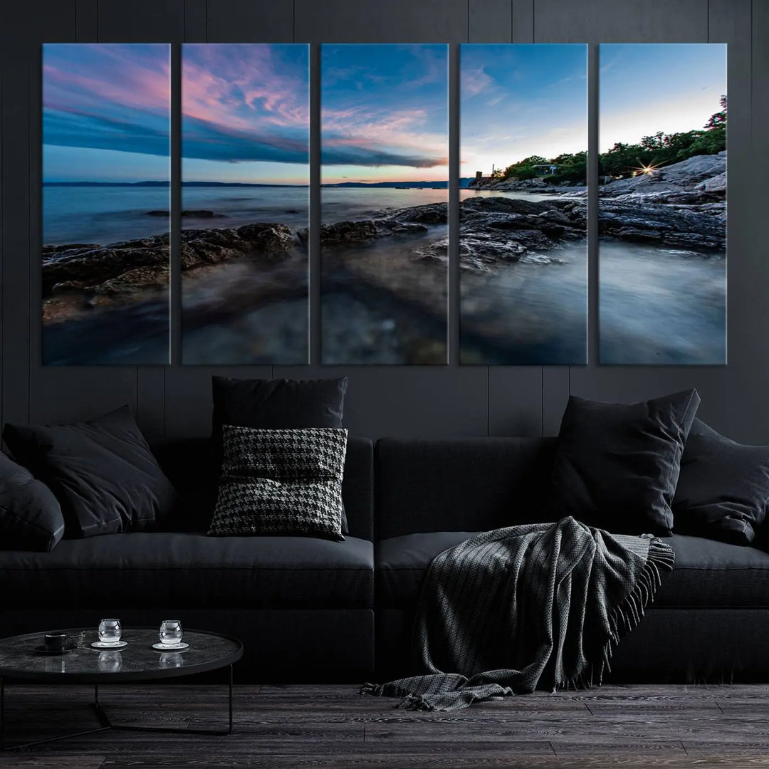 The Serenity Ocean Misty Wall Art Canvas Print is a triptych capturing a scenic ocean view at sunset, meticulously hand-assembled and printed on museum-quality canvases. Enjoy free shipping on every order!