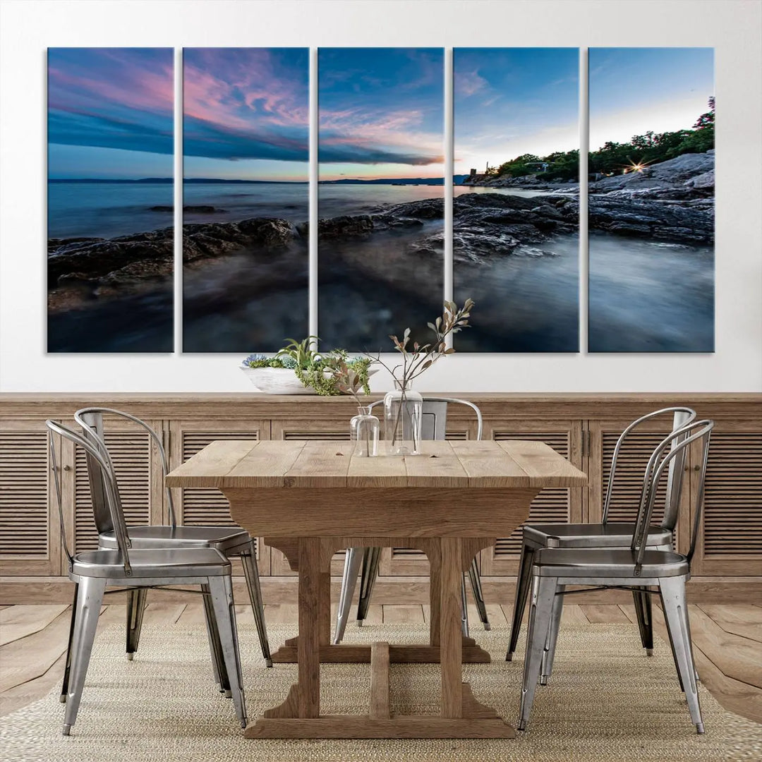 The Serenity Ocean Misty Wall Art Canvas Print is a triptych capturing a scenic ocean view at sunset, meticulously hand-assembled and printed on museum-quality canvases. Enjoy free shipping on every order!