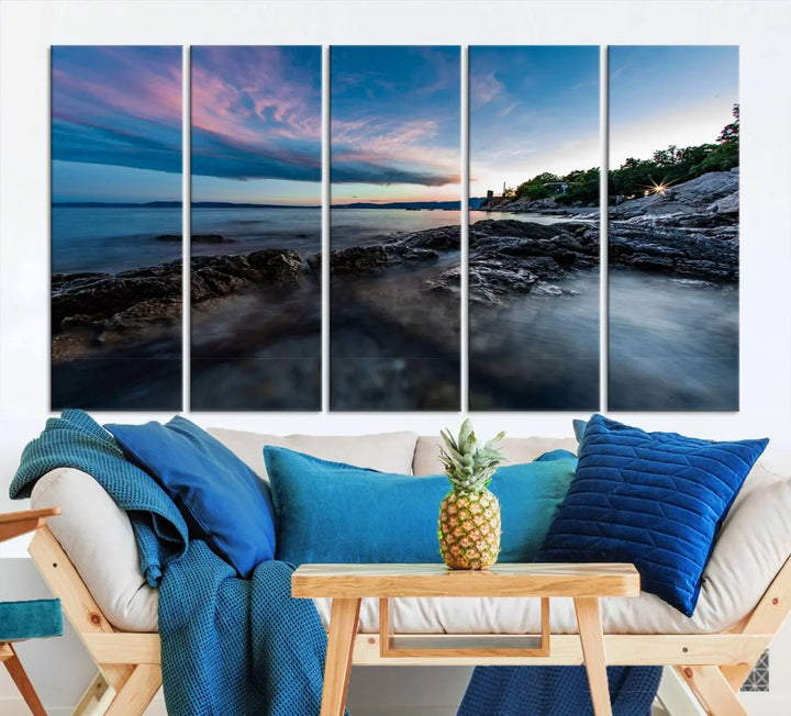 The Serenity Ocean Misty Wall Art Canvas Print is a triptych capturing a scenic ocean view at sunset, meticulously hand-assembled and printed on museum-quality canvases. Enjoy free shipping on every order!