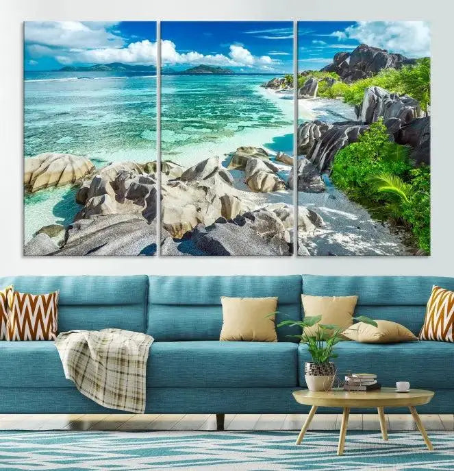 The "Seychelles Island and Beach Wall Art Canvas Print," consisting of three panels depicting a tropical beach scene with turquoise water and rocks on museum-quality canvases, is displayed prominently.