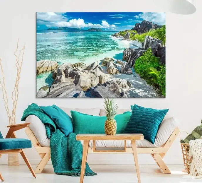 The "Seychelles Island and Beach Wall Art Canvas Print," consisting of three panels depicting a tropical beach scene with turquoise water and rocks on museum-quality canvases, is displayed prominently.