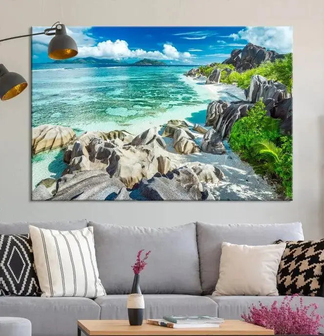 The "Seychelles Island and Beach Wall Art Canvas Print," consisting of three panels depicting a tropical beach scene with turquoise water and rocks on museum-quality canvases, is displayed prominently.