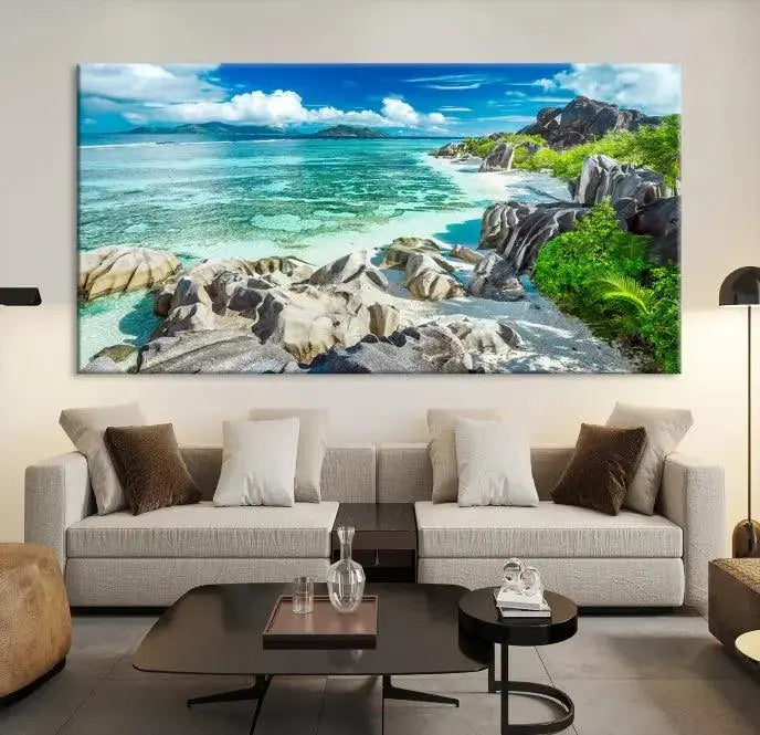 The "Seychelles Island and Beach Wall Art Canvas Print," consisting of three panels depicting a tropical beach scene with turquoise water and rocks on museum-quality canvases, is displayed prominently.