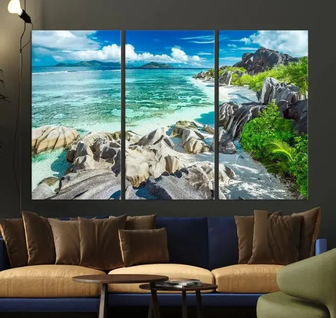 The "Seychelles Island and Beach Wall Art Canvas Print," consisting of three panels depicting a tropical beach scene with turquoise water and rocks on museum-quality canvases, is displayed prominently.