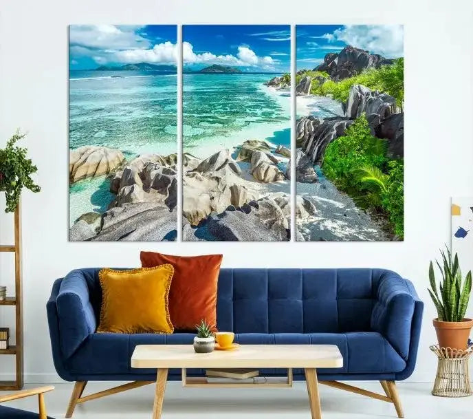 The "Seychelles Island and Beach Wall Art Canvas Print," consisting of three panels depicting a tropical beach scene with turquoise water and rocks on museum-quality canvases, is displayed prominently.