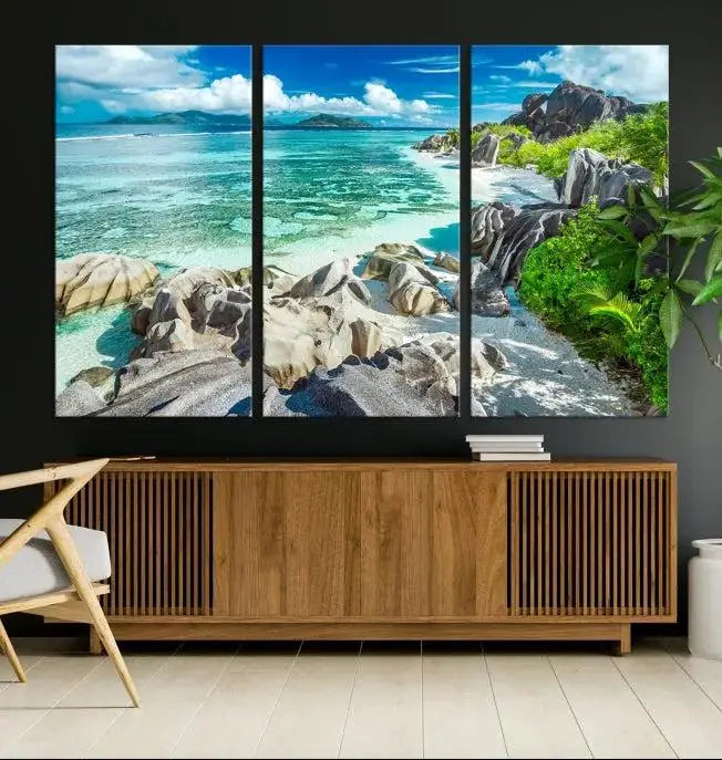 The "Seychelles Island and Beach Wall Art Canvas Print," consisting of three panels depicting a tropical beach scene with turquoise water and rocks on museum-quality canvases, is displayed prominently.