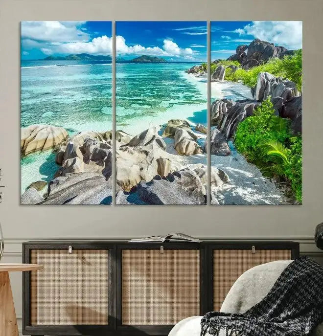 The "Seychelles Island and Beach Wall Art Canvas Print," consisting of three panels depicting a tropical beach scene with turquoise water and rocks on museum-quality canvases, is displayed prominently.