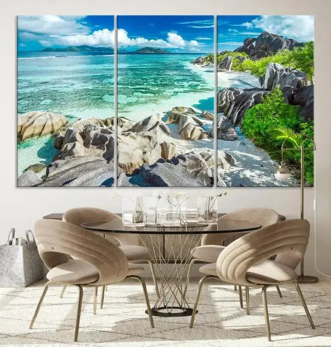 The "Seychelles Island and Beach Wall Art Canvas Print," consisting of three panels depicting a tropical beach scene with turquoise water and rocks on museum-quality canvases, is displayed prominently.