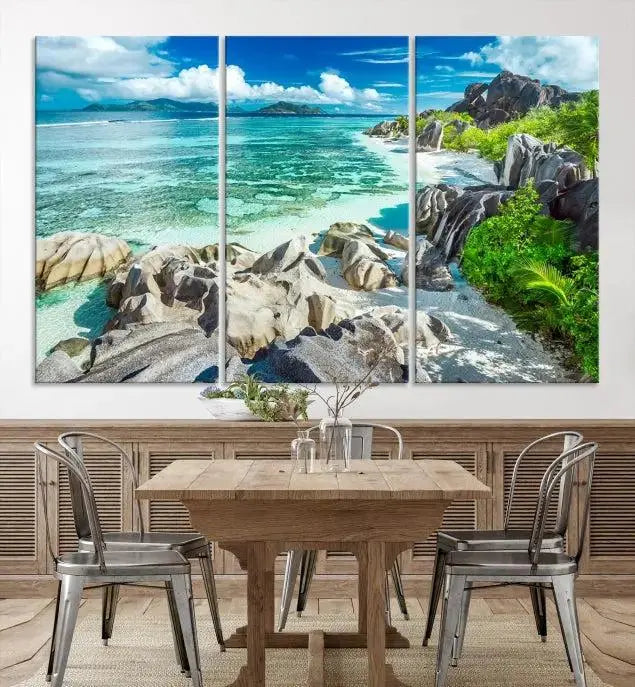 The "Seychelles Island and Beach Wall Art Canvas Print," consisting of three panels depicting a tropical beach scene with turquoise water and rocks on museum-quality canvases, is displayed prominently.