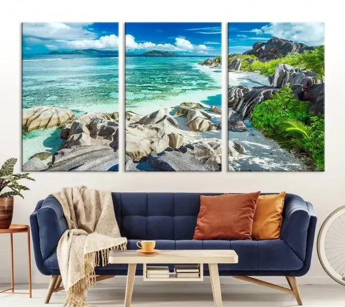 The "Seychelles Island and Beach Wall Art Canvas Print," consisting of three panels depicting a tropical beach scene with turquoise water and rocks on museum-quality canvases, is displayed prominently.