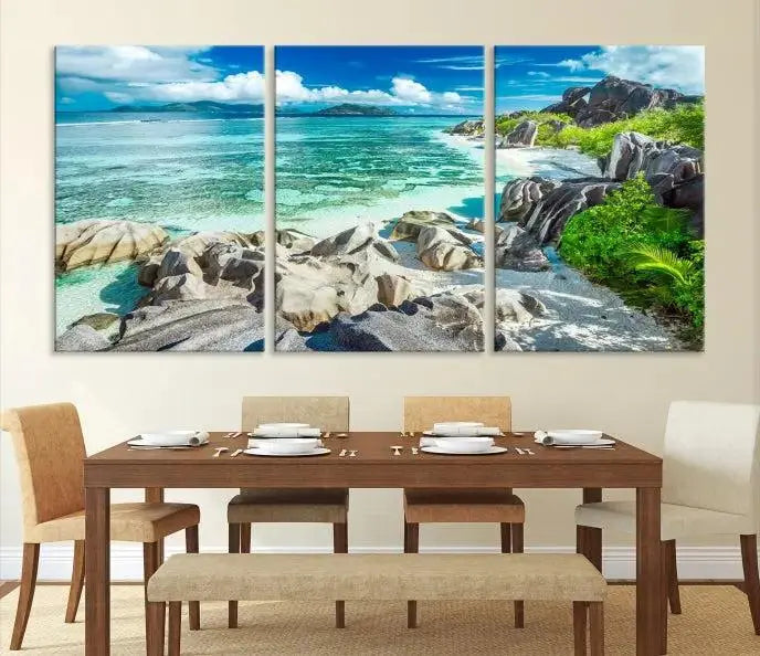 The "Seychelles Island and Beach Wall Art Canvas Print," consisting of three panels depicting a tropical beach scene with turquoise water and rocks on museum-quality canvases, is displayed prominently.