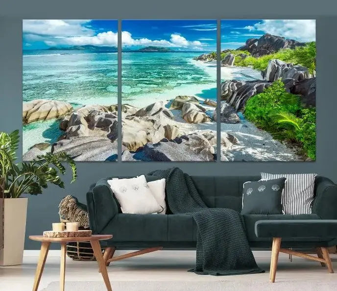 The "Seychelles Island and Beach Wall Art Canvas Print," consisting of three panels depicting a tropical beach scene with turquoise water and rocks on museum-quality canvases, is displayed prominently.