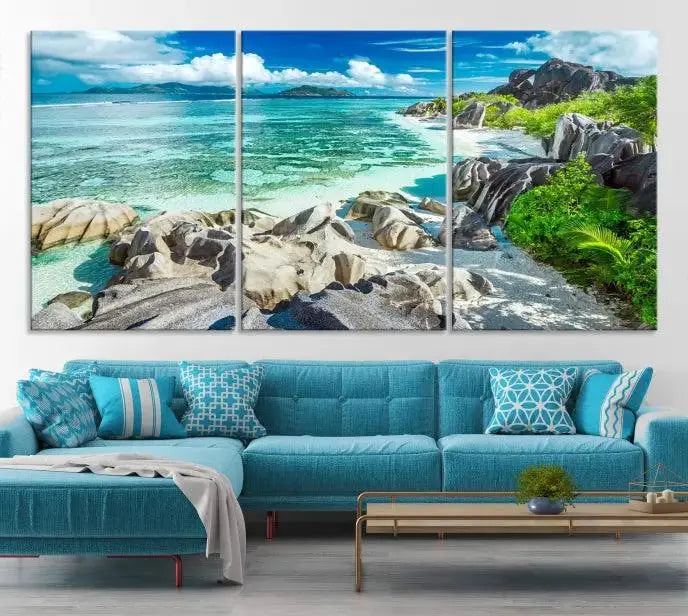 The "Seychelles Island and Beach Wall Art Canvas Print," consisting of three panels depicting a tropical beach scene with turquoise water and rocks on museum-quality canvases, is displayed prominently.