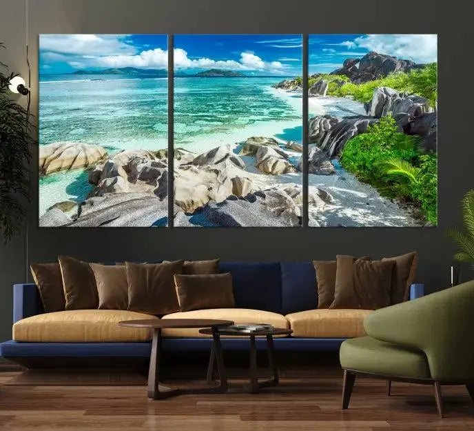 The "Seychelles Island and Beach Wall Art Canvas Print," consisting of three panels depicting a tropical beach scene with turquoise water and rocks on museum-quality canvases, is displayed prominently.