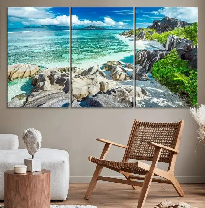 The "Seychelles Island and Beach Wall Art Canvas Print," consisting of three panels depicting a tropical beach scene with turquoise water and rocks on museum-quality canvases, is displayed prominently.