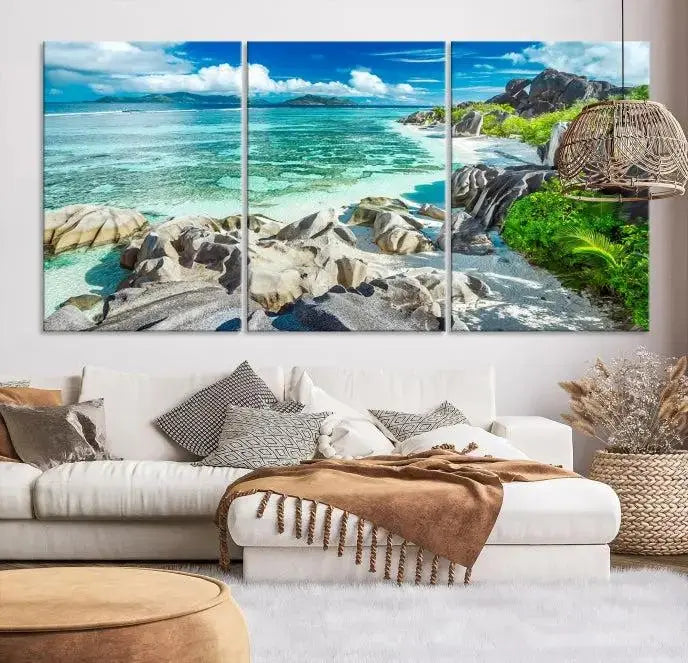 The "Seychelles Island and Beach Wall Art Canvas Print," consisting of three panels depicting a tropical beach scene with turquoise water and rocks on museum-quality canvases, is displayed prominently.