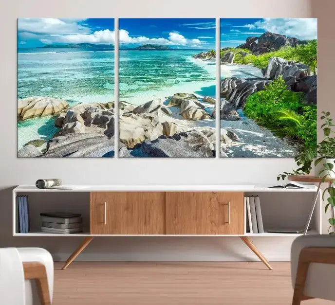 The "Seychelles Island and Beach Wall Art Canvas Print," consisting of three panels depicting a tropical beach scene with turquoise water and rocks on museum-quality canvases, is displayed prominently.