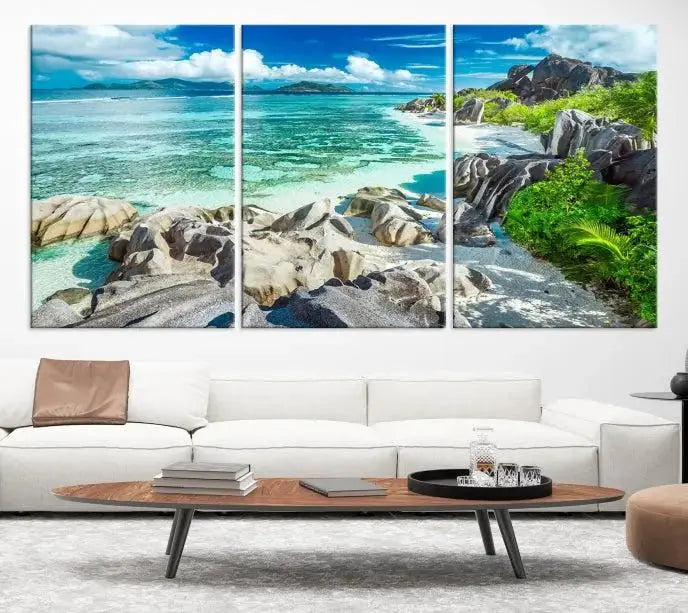 The "Seychelles Island and Beach Wall Art Canvas Print," consisting of three panels depicting a tropical beach scene with turquoise water and rocks on museum-quality canvases, is displayed prominently.