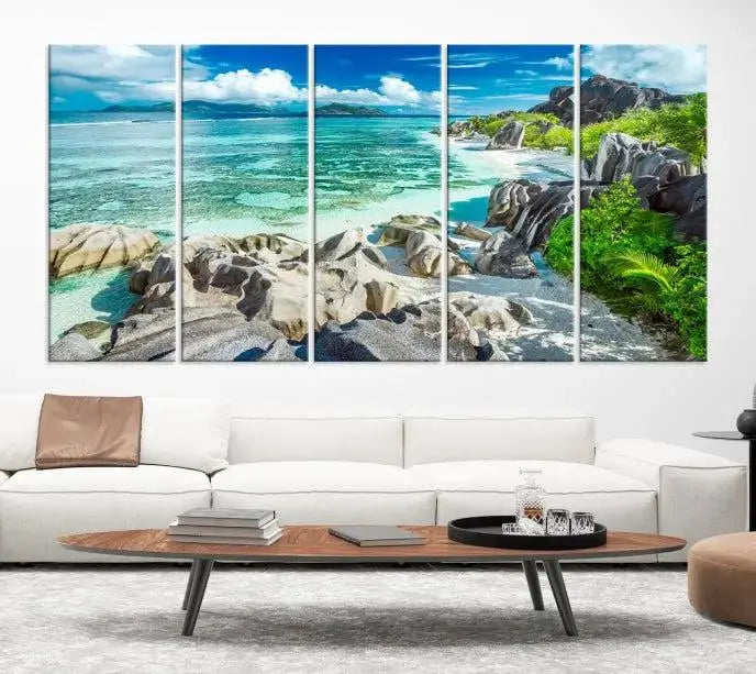 The "Seychelles Island and Beach Wall Art Canvas Print," consisting of three panels depicting a tropical beach scene with turquoise water and rocks on museum-quality canvases, is displayed prominently.