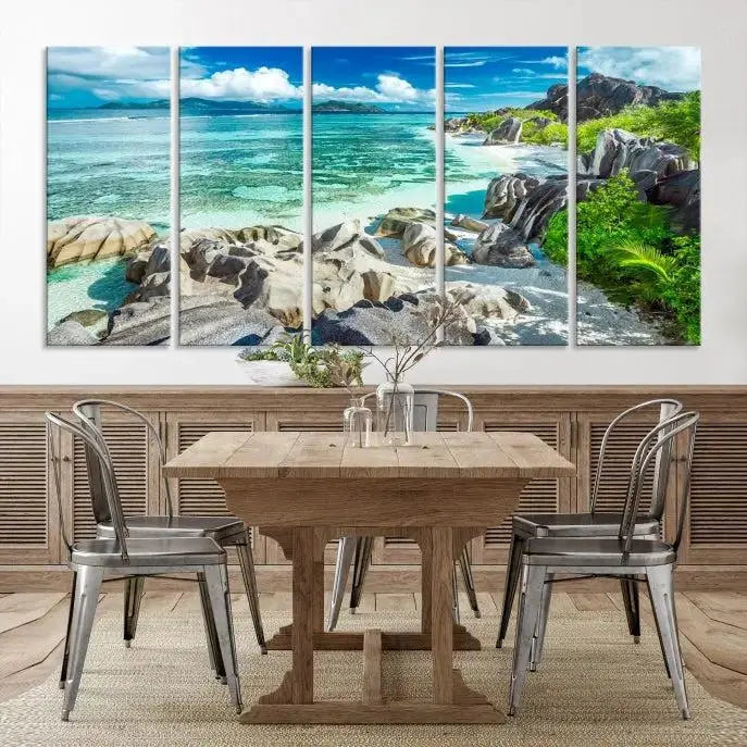 The "Seychelles Island and Beach Wall Art Canvas Print," consisting of three panels depicting a tropical beach scene with turquoise water and rocks on museum-quality canvases, is displayed prominently.